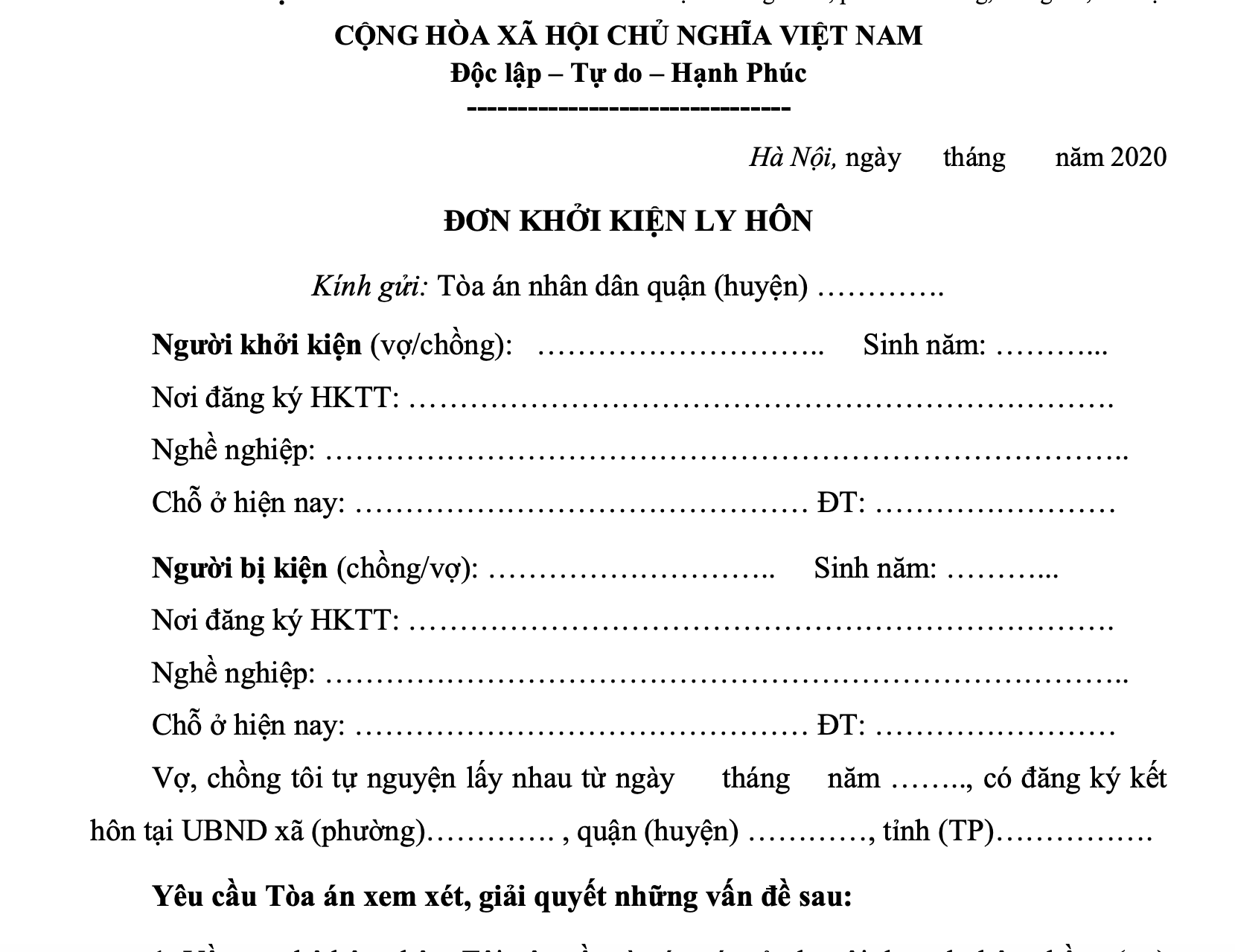 Mẫu đơn khởi kiện đơn phương ly hôn