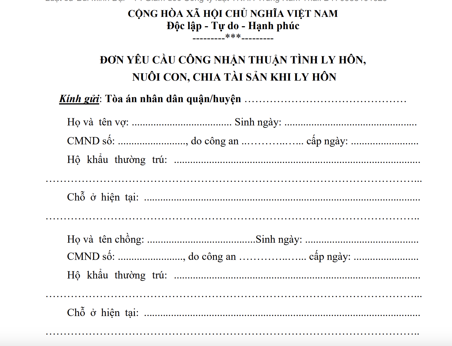 Mẫu đơn thuận tình ly hôn