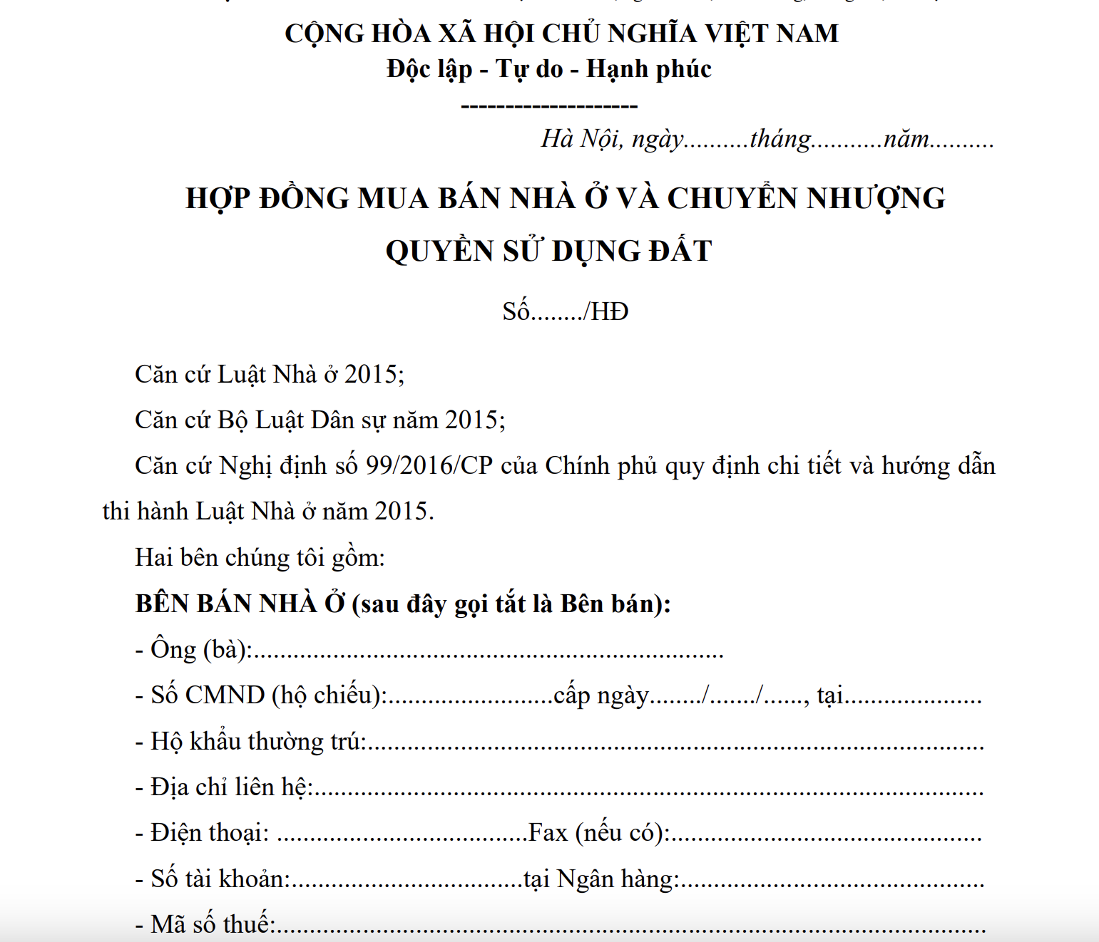 Mẫu hợp đồng mua bán nhà ở và chuyển nhượng quyền sử dụng đất